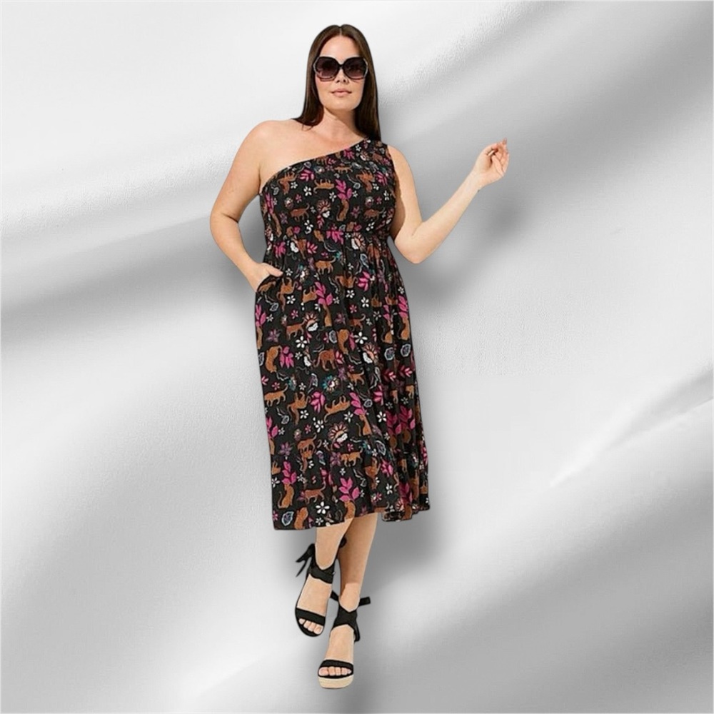 Torrid Challis Woven Fabric One-Shoulder Midi Dress